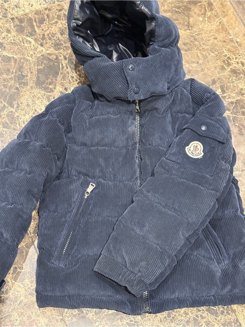 Moncler Kids Navy Corduroy Puffer Coat with Hood